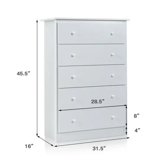 White 5-Drawer Storage Dresser with Anti-Tip Feature and Versatile Use {5}