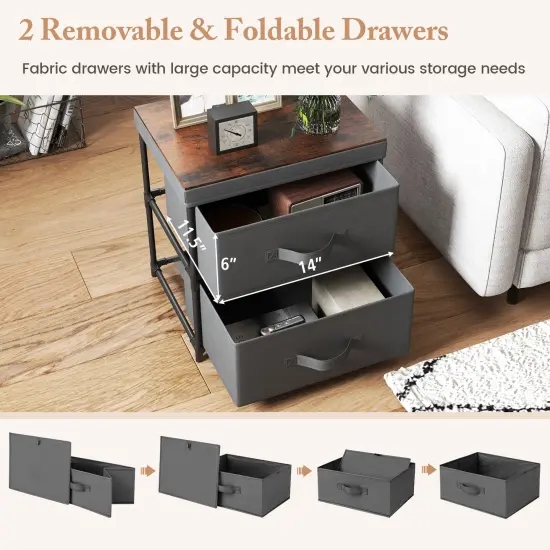 Black Metal 2 Drawer Nightstand with Fabric Storage and Tool Free Assembly {6}