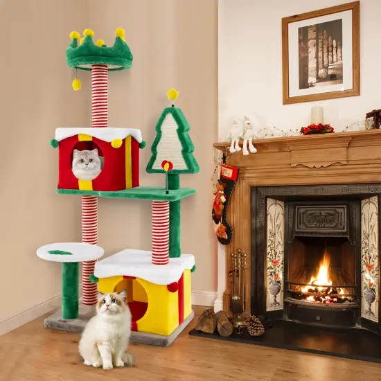 Christmas Cat Tree Tower with Scratching Posts and Carpet Idea for Indoor Cats {6}