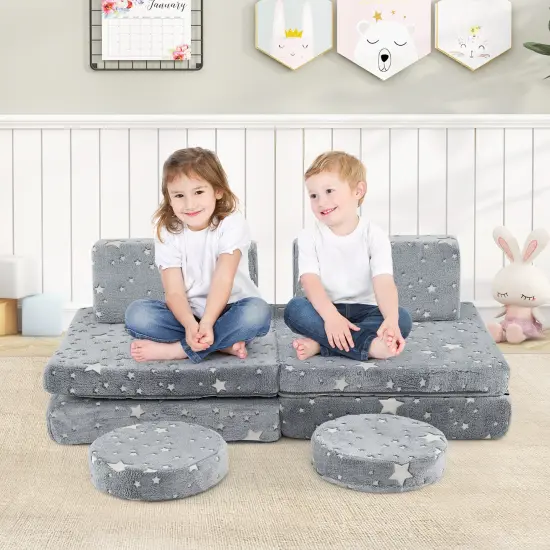 Flannel Kids Play Couch Set and 6-Piece Glow-in-the-Dark Modular Sofa Gray {2}