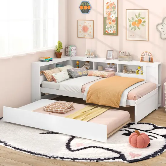 White Solid Wood Twin size Daybed with Trundle, Storage Cubes and Reversible Headboard {2}