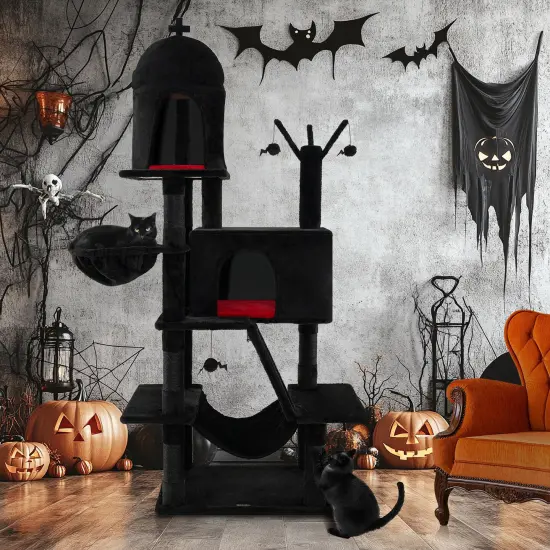Black Gothic Cat Tree with Sisal Scratching Posts and Cozy Beds Ideal for Indoor Cats {6}