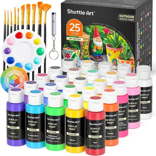25 Colors Outdoor Acrylic Paint Set, 2oz/60ml Waterproof Acrylic Paint with 10 Brushes 1 Palette, Rich Pigmented Paints for Artists, Beginners on Rocks, Wood Crafts, Garden Statues {1}