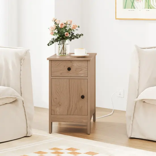 Flip Top Beside End Table with Charging Station Power Outlets and Pull-Out Drawer and Cabinet Natural {1}