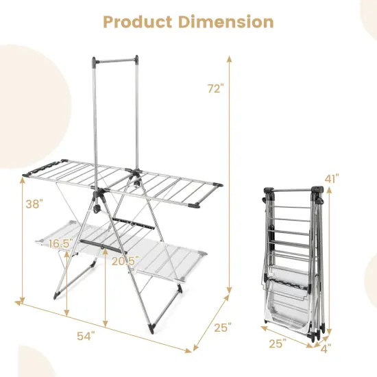 Silver 2-Tier Foldable Clothes Drying Rack with Tall Hanging Bar and Height Adjustable Gullwings {5}