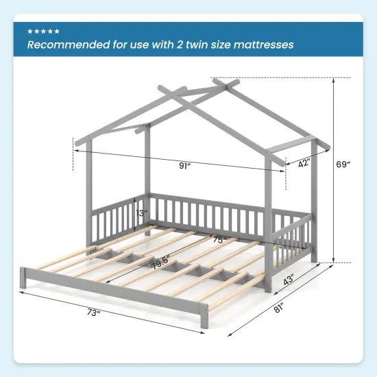 Extendable Daybed House Bed with Roof and Safety Fence Rails Gray {5}