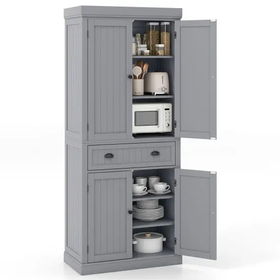Freestanding Tall Kitchen Cabinet with 3-Position Adjustable Shelves and Large Capacity Drawer Gray {4}