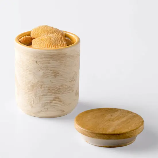 Handcrafted Ceramic Jar with Wooden Lid &ndash;Stylish & Sustainable Storage-3.5X3.5X4.3" {1}