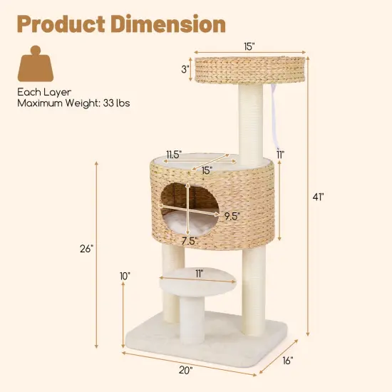 Natural Modern Cat Tower Tree with Fully Wrapped Sisal Scratching Posts {5}