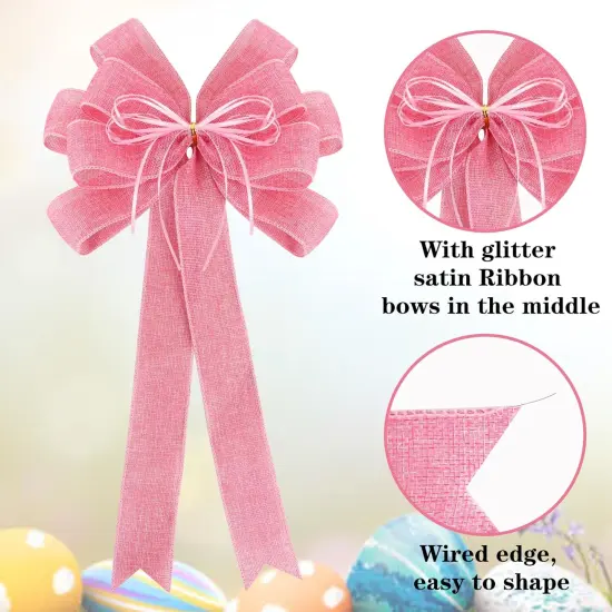 2 Pack Pink Bows 12x20inch Large Burlap Wreath Bow with Glitter String for Home Front Door Decor,Easter Bow {3}