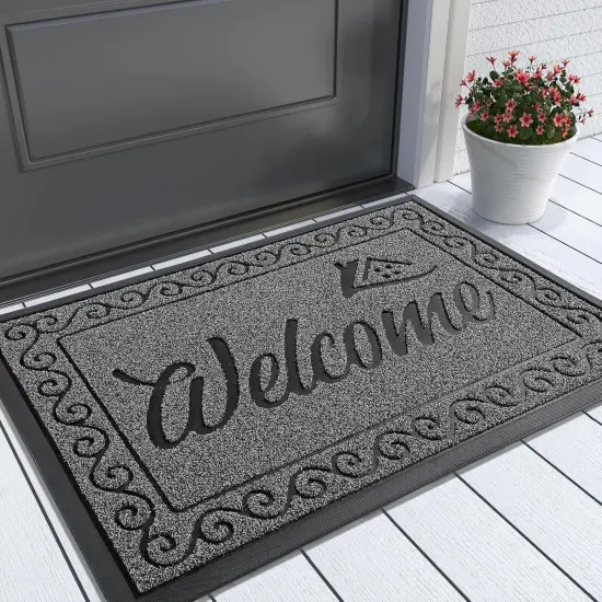 Welcome Mat, Heavy Duty Sturdy Door Mats for Home Entrance Outdoor Indoor, Front Doormat for Outside Patio Floor Entry Porch Garage Office, Waterproof, Low Profile, 29.5 x 17, Black Grey {1}
