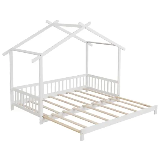 Extendable Daybed House Bed with Roof and Safety Fence Rails White {3}