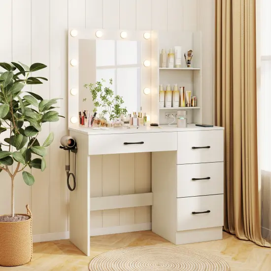 MDF Vanity Desk with Mirror, 3-Color Lighting, Storage and Charging Station White {2}