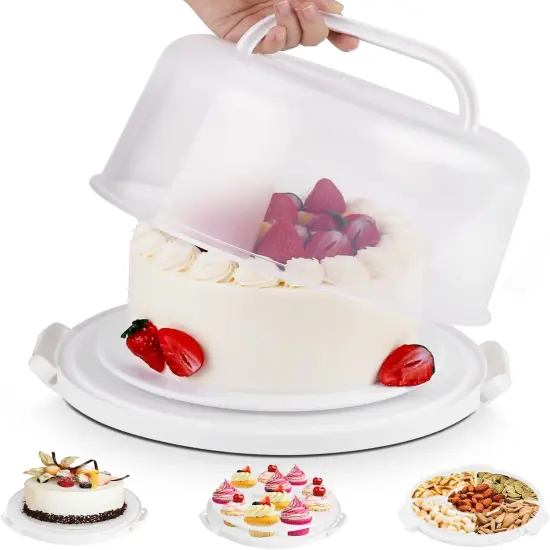 Cake Carrier with Lid and Handle, Multipurpose Cake Stand Fits 10 inch Cake, Cupcake Containers for 11 Cupcakes，Cake Holder Serves as Five Section Serving Tray, Portable Cake Carriers, White {1}