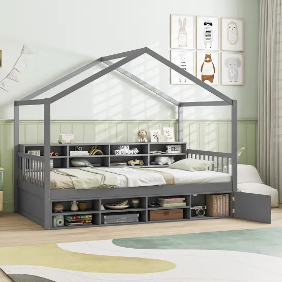 Grey House-Shaped Kids Bed with Storage Cubes, Bedside Shelf and Wooden Frame {2}