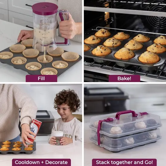 Cupcake Carrier for 24 Cupcakes - Innovative Cupcake Holder includes 2 Cupcake Pans with Lid and Handle - Cupcake Travel Container Carries 12 or 24 Standard-Size Cupcakes for Storage Safely {3}