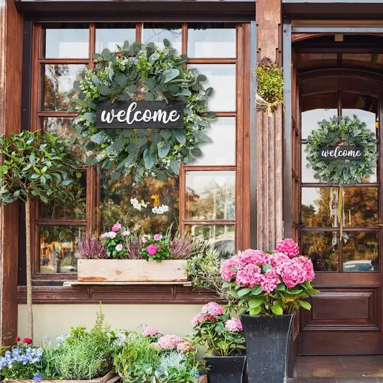 Green Wreath with Welcome in Spring Artificial Eucalyptus Wreath for Front Door Polytype Leaves Wreath {5}