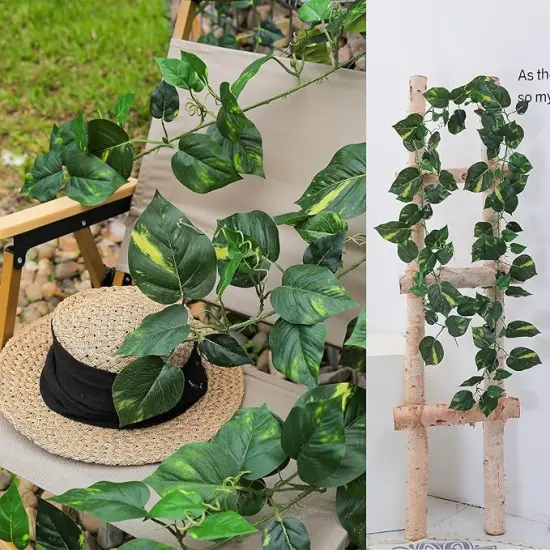 2Pack 14Ft Flame Retardant Artificial Ivy Scindapsus Leaves Bendable Fake Green Plants Vines Ivy Garland Wreath Silk Hanging Rattan Bedroom Wedding Party Garden Wall Table Front Door Ceiling Decor {1}