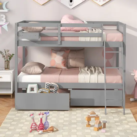 Twin Over Twin Bunk Bed with 2 Storage Drawers and Ladder Pine Wood Gray {5}