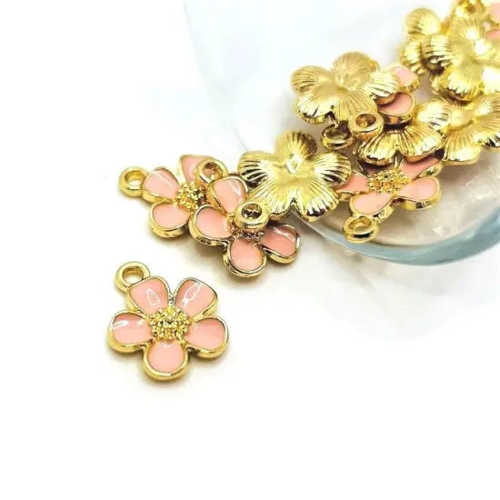 Light Pink and Gold Flower Charms, 16x13mm {1}