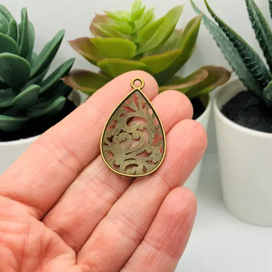 Bronze Filigree Teardrop Charms, 34x22mm {3}