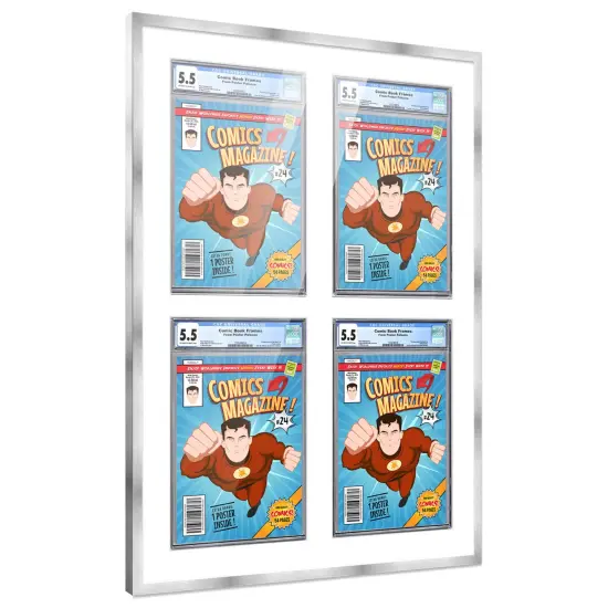 Comic Book Frame with Mat for 4 Graded Comics - Silver Wood Comic Frame With White Mat for 8.125x13 Comics - 20.75x30.5 Frame Size {2}