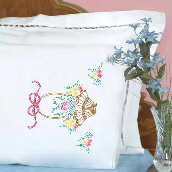 Jack Dempsey Stamped Pillowcases W/White Lace Edge 2/Pkg-Basket Of Daisies {3}