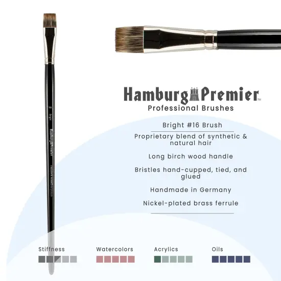 Creative Mark Hamburg Premiere Professional Oil Painting Brushes - Bright #16 Oil Paint Brush - Handmade in Germany, Natural & Synthetic Hair Blend, Long Triple-Lacquered Birch Handle {3}
