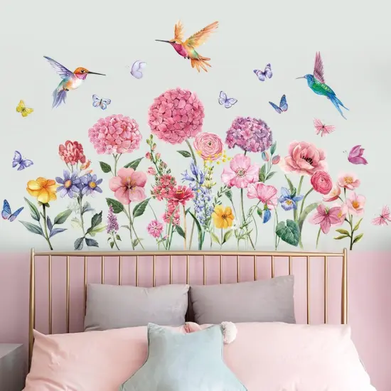 Pink Flowers Wall Sticker Peel and Stick Plant Floral Wall Decal DIY Removable Butterfly Bird Wall Art Murals Watercolor Daisy Flower Wall Sticker for Bedroom Princess {3}