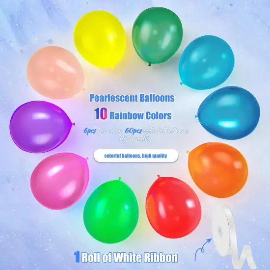 60 Pack Balloons Assorted Color 12 Inches Rainbow Latex Balloons, 10 Bright Color Balloon Arch Kit {2}