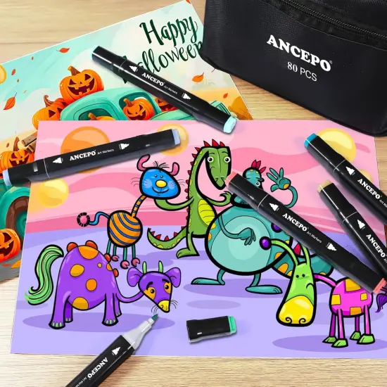 80 Color Alcohol Art Markers Set, Brush & Fine Tips for Adults & Kids {3}