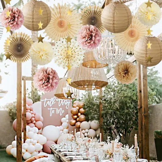 Pink Champagne Party Decorations Dusty Rose Champagne Gold Beige Boho Party Decorations Neutral Cream Pom Poms Paper Lanterns for Rustic Pink and Brown Birthday Baby Shower Wedding Engagement {4}