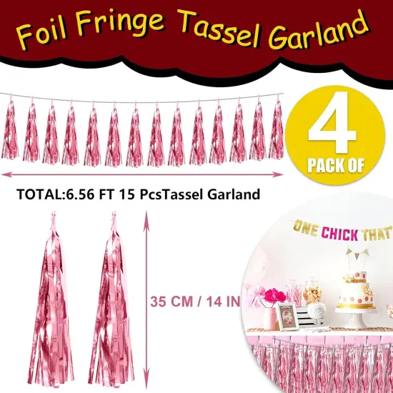 4P Pink Foil Fringe Tassel Banner Garland Metallic Tinsel Streamers Wall Hanging Curtain Backdrop Banner for Parade Floats, 2024 Graduation Decorations, Wedding Party Decoration {2}