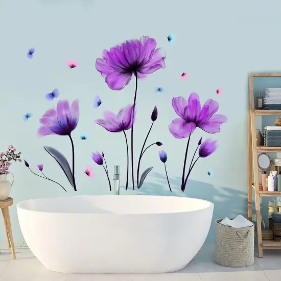 Flowers Wall Sticker Purple Floral Wall Decal Removable Butterfly Wall Stickers Self Adhesive Wall Mural for Nursery Bedroom Kids Room {4}