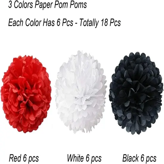 Tissue Paper Pom Poms, Paper Flower Ball for Birthday Party Wedding Baby Shower Bridal Shower Festival Decorations, 18 Pcs - Red Black White {1}