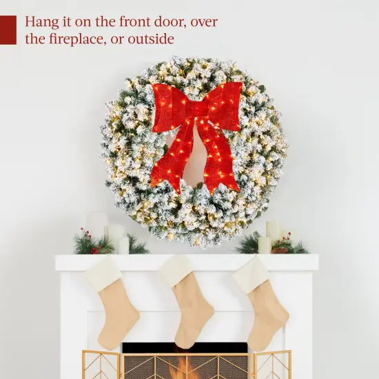 Best Choice Products Artificial Pre-Lit Flocked Fir Christmas Wreath D&eacute;cor w/ Red Bow, LED Lights, Tips, Plug-In {4}