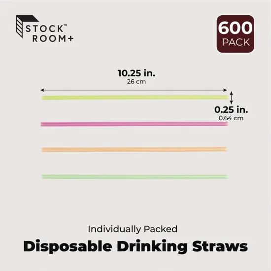 600-Pack Colorful Individually Wrapped Plastic Drinking Straws, Extra Long, Bulk, Disposable Party Supplies, 4 Neon Colors (10.2 in) Multicolor {3}