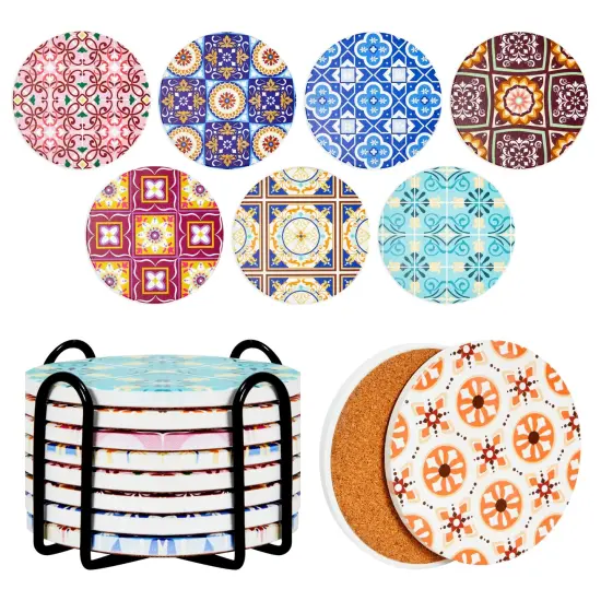 Set of 8 Ceramic Coasters for Drinks with Cork Base and Iron Holder, Mediterranean Tile Designs (4 Inches) Multicolor {1}
