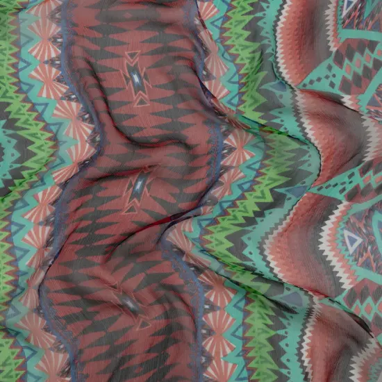 1 Yard Bright Aqua Red Lime Geometric Stripes Crinkled Silk Chiffon Fabric 45 Inch Width {1}