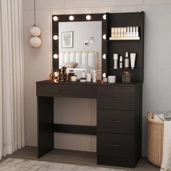 Costway Makeup Vanity Desk with Mirror and Lights Charging Station 3-Color LED Lights White/Black {1}