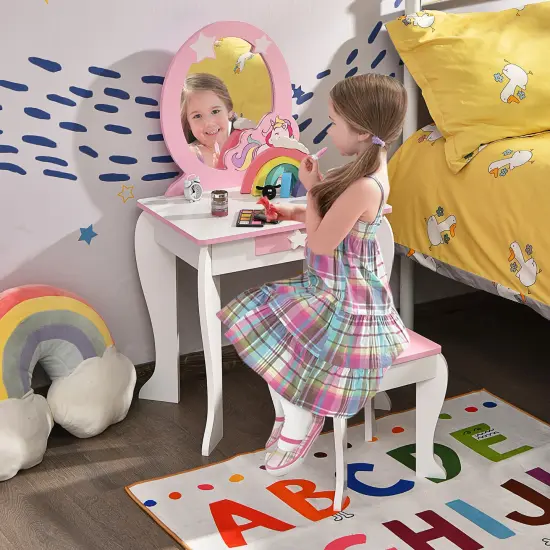Costway Kids Vanity Makeup Dressing Table Chair Set Wooden W/ Mirror Drawer {8}