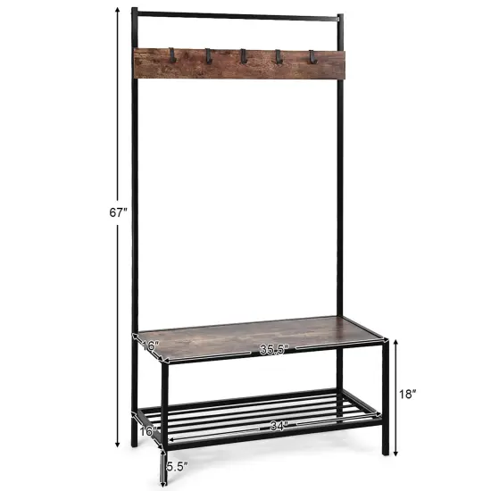 COSTWAY 3 in 1 Industrial Coat Rack Shoe Bench Entryway Hall Tree Storage Shelf w/ Hooks {11}