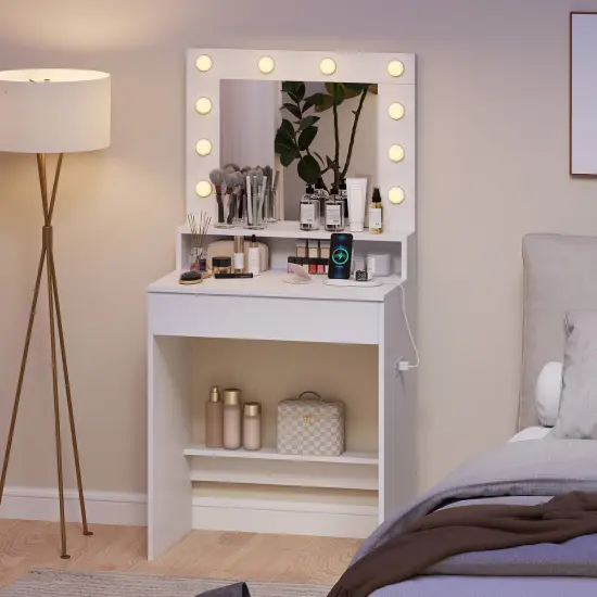 Costway Vanity Desk with Mirror and Lights with 3 Light Modes & Adjustable Brightness White {4}