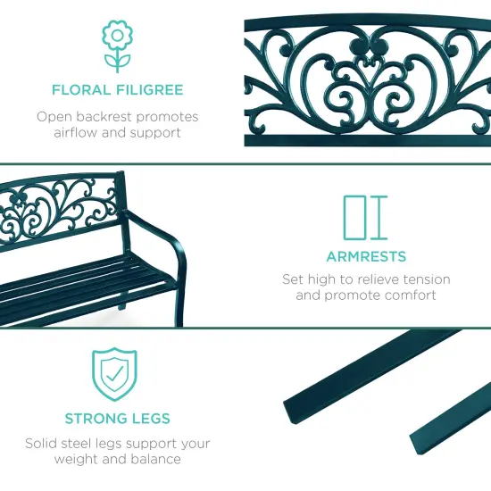 Best Choice Products Outdoor Steel Bench Garden Patio Porch Furniture w/ Floral Design Backrest Peacock Blue {6}