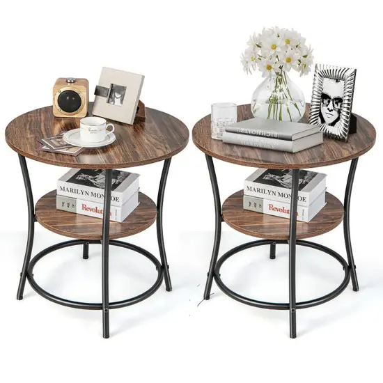 Costway 2 PCS 2-Tier Sofa Side End Table Round Nightstand with Sturdy Metal Frame Brown/Oak {7}