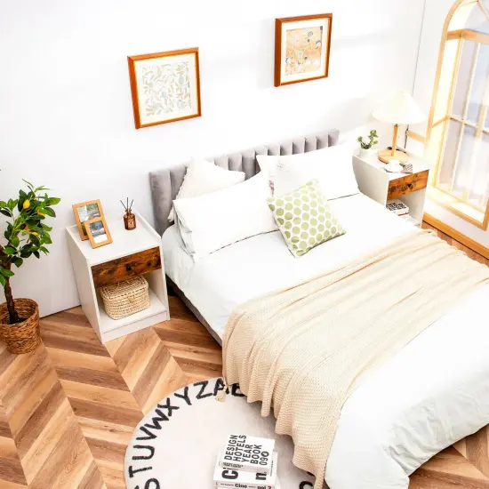 Costway Set of 2 Nightstand with Drawer Cabinet End Side Table Raised Top {3}