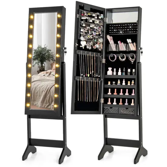 Costway LED Mirror Jewelry Cabinet with 20 LED Lights Full-Length Mirror Adjustable Angles White/Brown/Black {8}