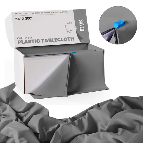  Party Solids 54" x 300' Plastic Table Cover Roll with Slide Cutter &ndash; Cut-to-Size Dispenser Box &ndash; Makes Up to 36 Disposable 8' Rectangle Tablecloths by Exquisite Silver {2}