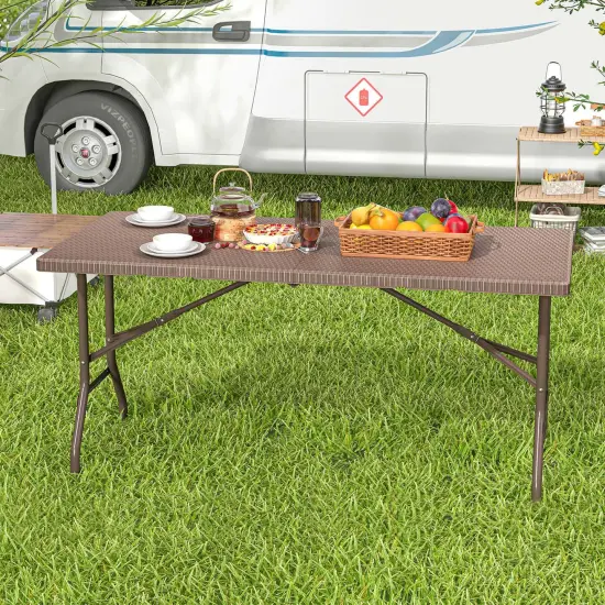 Costway 5 ft Folding Picnic Table Outdoor Dining Table with Rattan Grain HDPE Tabletop Brown/Black {2}