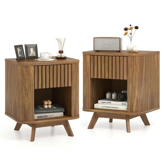 Costway 1/2 PCS Wood Nightstand with Drawer & Open Shelf Storage Home Bedside Table for Bedroom {8}